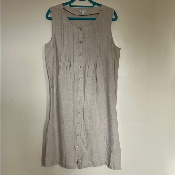 Vintage L.L. Bean Sleeveless Linen Button Front Neutral Tan/Canvas Dress Size 18 - Picture 2 of 9